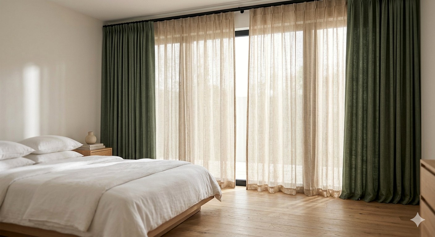 Spálňa so sage závesmi a voile — AI vizualizácia