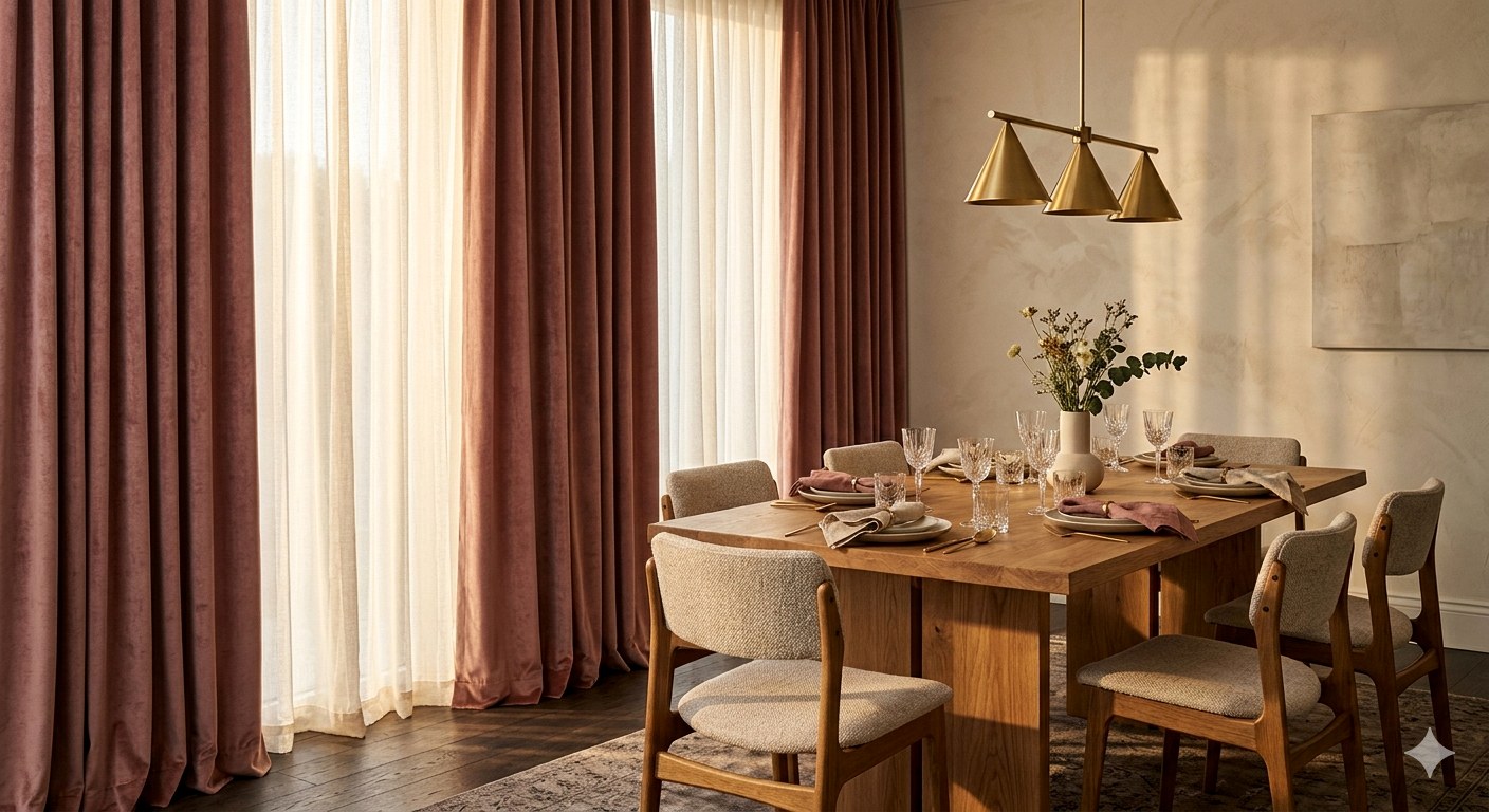 Jedáleň s burgundy závesmi a gold pendant — AI vizualizácia